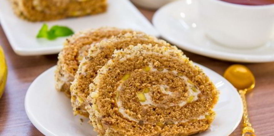 Рецепт шоколадного рулета с банановым суфле и грецкими орехами