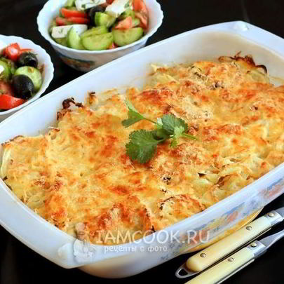 Мясо по-французски с курицей и картошкой