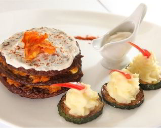 Печень с овощами и сыром