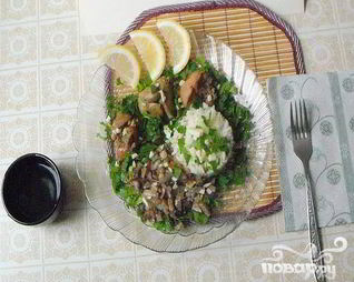 Печень с рисом и грибами