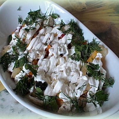 Салат new оливье с ананасом и болгарским перцем
