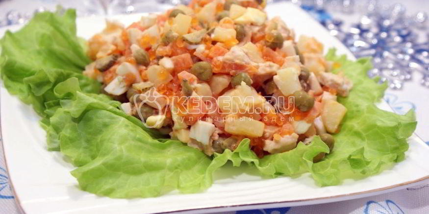 Рецепт салата оливье с курицей и икорной закуской