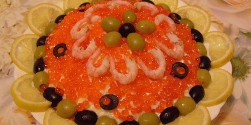 Рецепт праздничного салата креветки под шубой