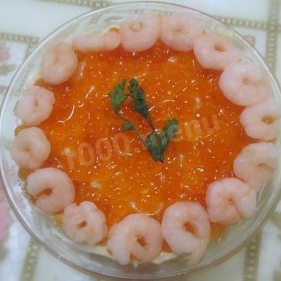 Салат Креветки под шубой с красной икрой