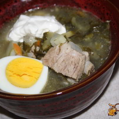 Зеленый борщ со щавлем и маринованными огурцами