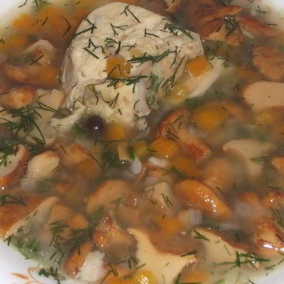 Лисички с курицей в бульоне