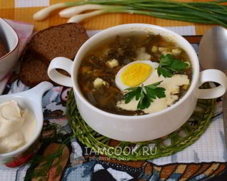 Зеленый борщ со щавелем на мясном бульоне