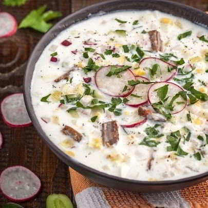 Окрошка на бульоне из говядины