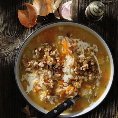 Рассольник с мясом и рисом