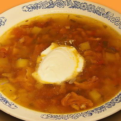 Рассольник с телятиной и сушеными грибами