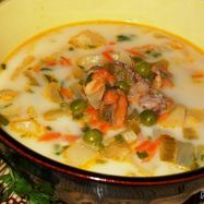 Рецепт Сливочного супа из морепродуктов с горошком