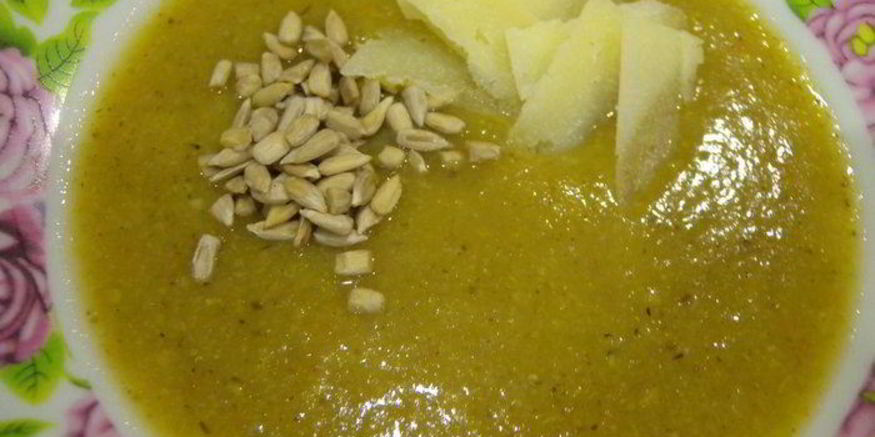 Рецепт супа-пюре со сладким перцем, спаржевой фасолью и грибами