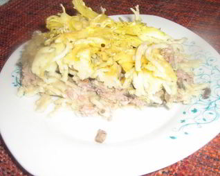 Запеканка из спагетти с бараниной и грибами