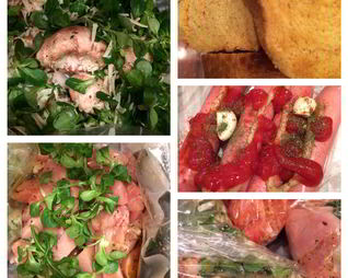 Куриное филе, шампиньоны с сыром и запеченые сосиски