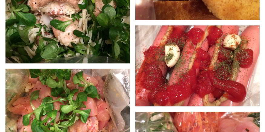 Рецепт куриного филе, шампиньоны с сыром и запеченые сосиски