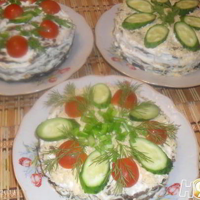 Печеночный торт с грибами